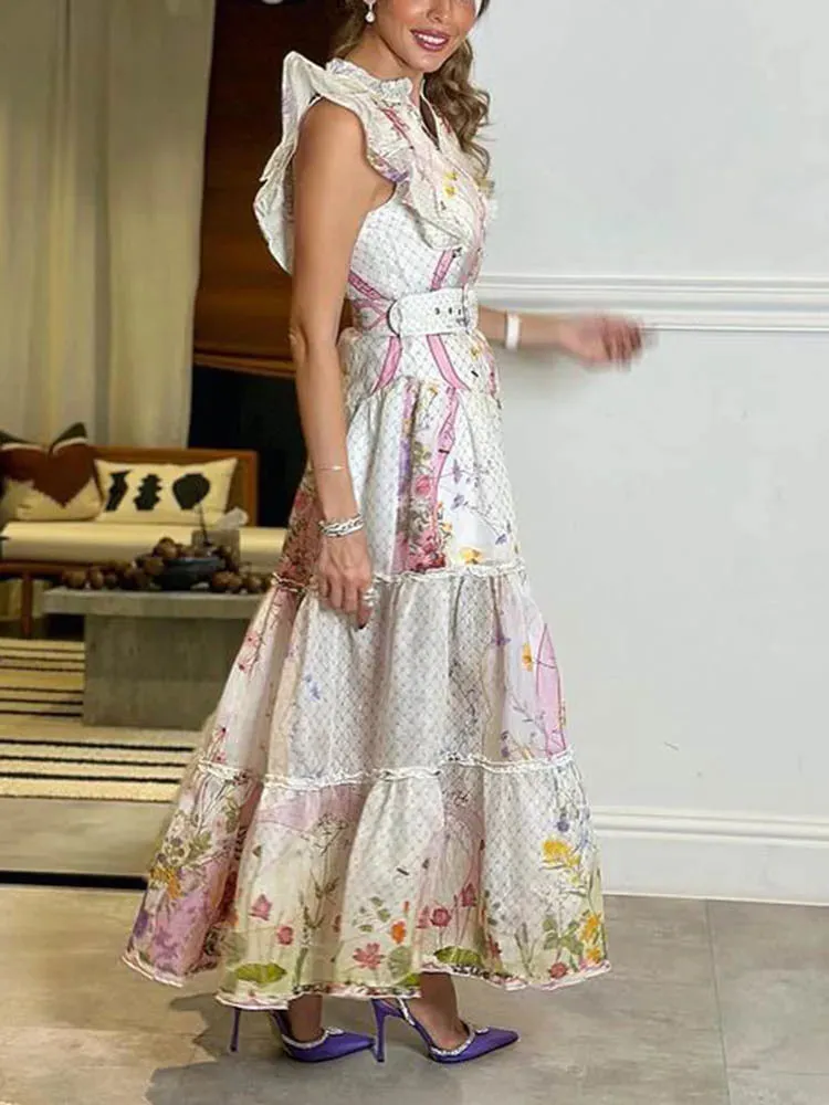 Hit Color Floral Printing Spliced Belt Dress
