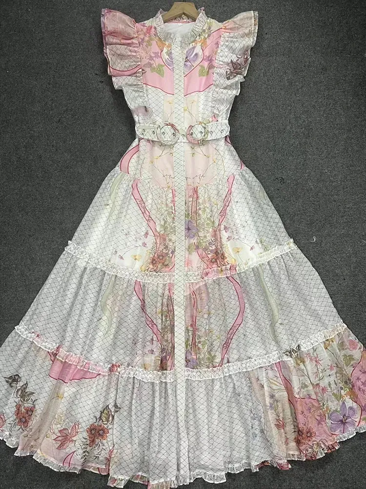 Hit Color Floral Printing Spliced Belt Dress