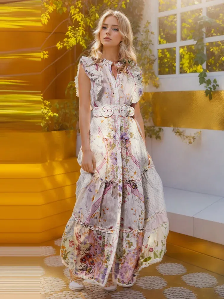 Hit Color Floral Printing Spliced Belt Dress