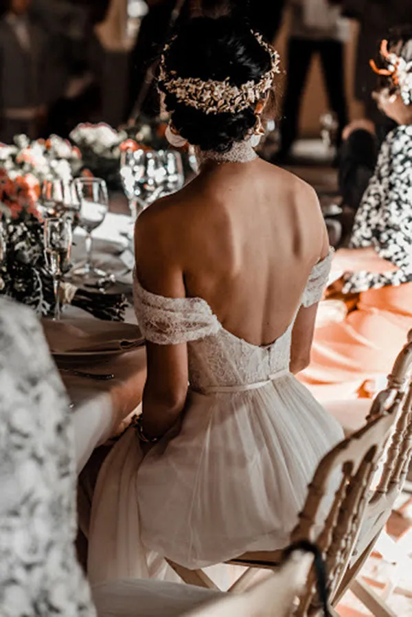 Ivory Lace Off-the-Shoulder Backless Chiffon Wedding Dresses With High Slit, SW338