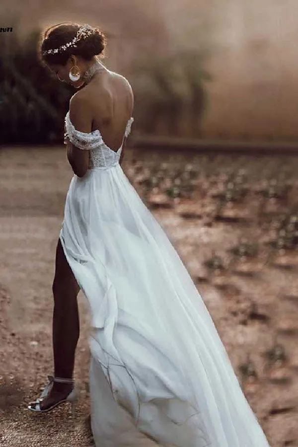 Ivory Lace Off-the-Shoulder Backless Chiffon Wedding Dresses With High Slit, SW338