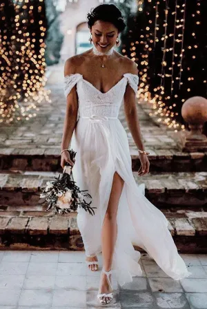 Ivory Lace Off-the-Shoulder Backless Chiffon Wedding Dresses With High Slit, SW338