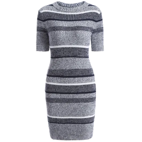 Jewel Neck Short Sleeve Striped Sweater Dress - One Size
