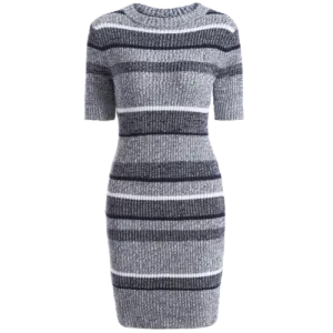 Jewel Neck Short Sleeve Striped Sweater Dress - One Size