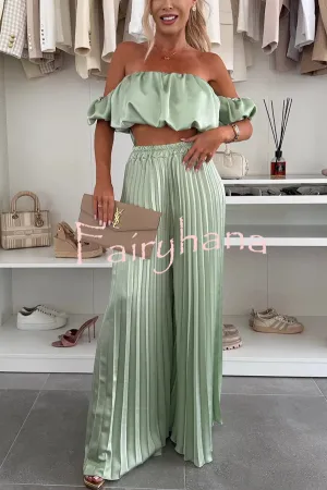Jorie Satin Off Shoulder Puff Sleeve Crop Top and Elastic Waist Pleated Wide Leg Pants Set