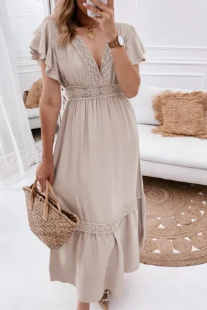 KaleaBoutique Lace V Neck Ruffled Sleeve Empire Waist Dress