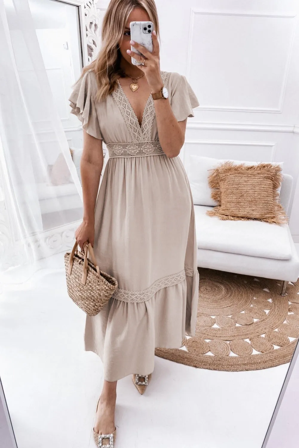KaleaBoutique Lace V Neck Ruffled Sleeve Empire Waist Dress