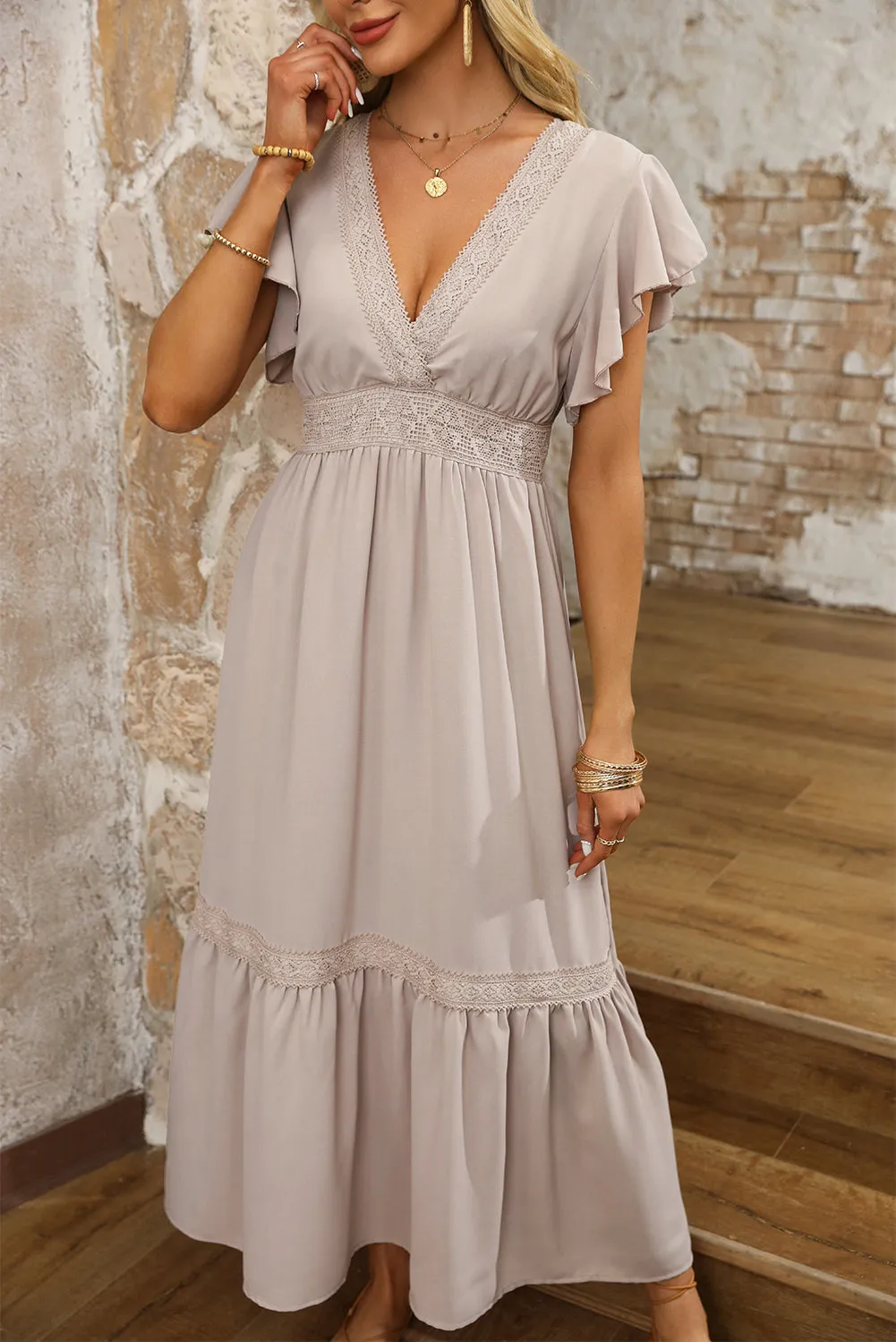 KaleaBoutique Lace V Neck Ruffled Sleeve Empire Waist Dress