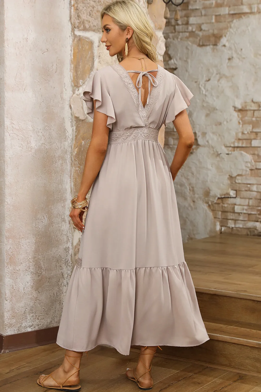 KaleaBoutique Lace V Neck Ruffled Sleeve Empire Waist Dress