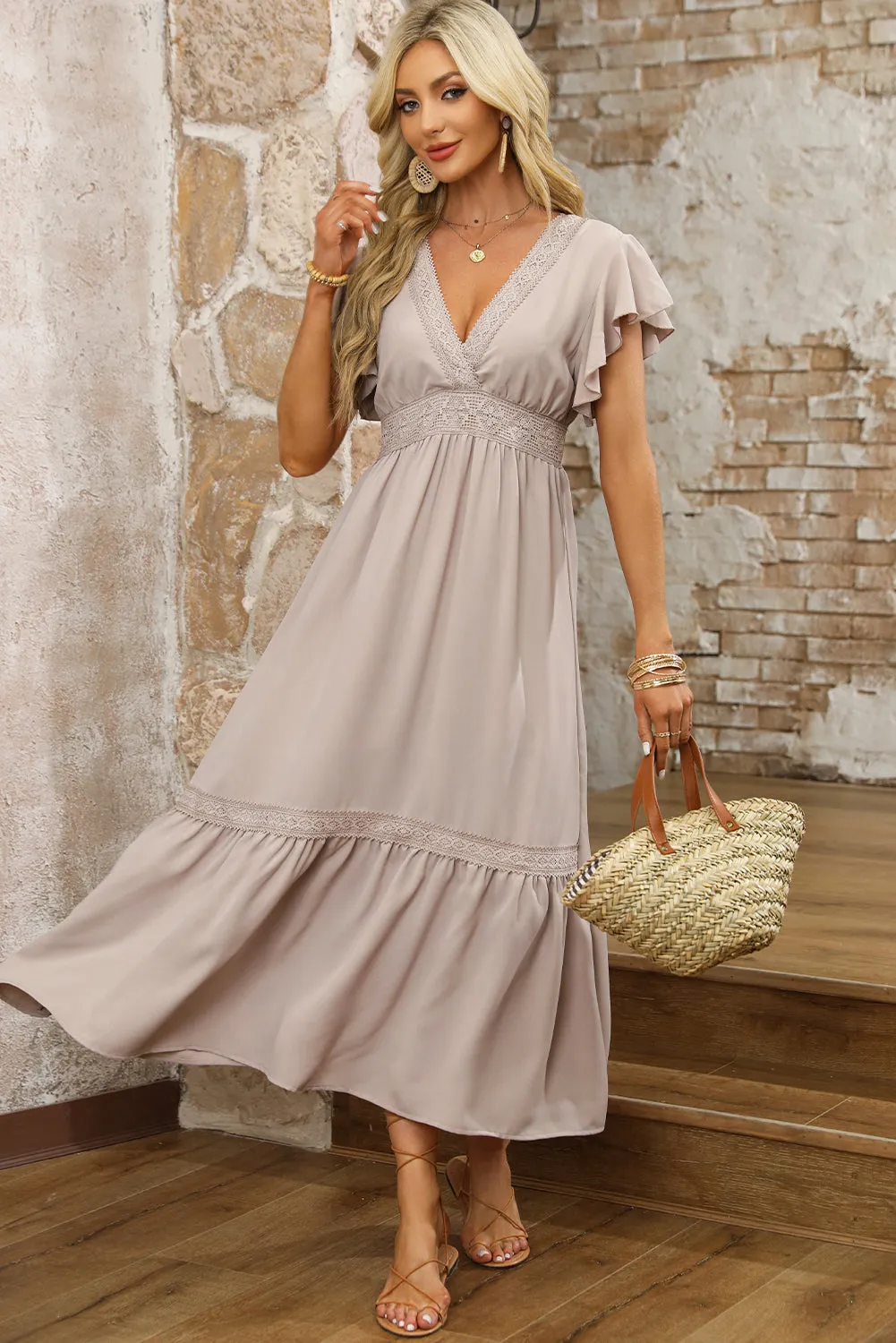 KaleaBoutique Lace V Neck Ruffled Sleeve Empire Waist Dress