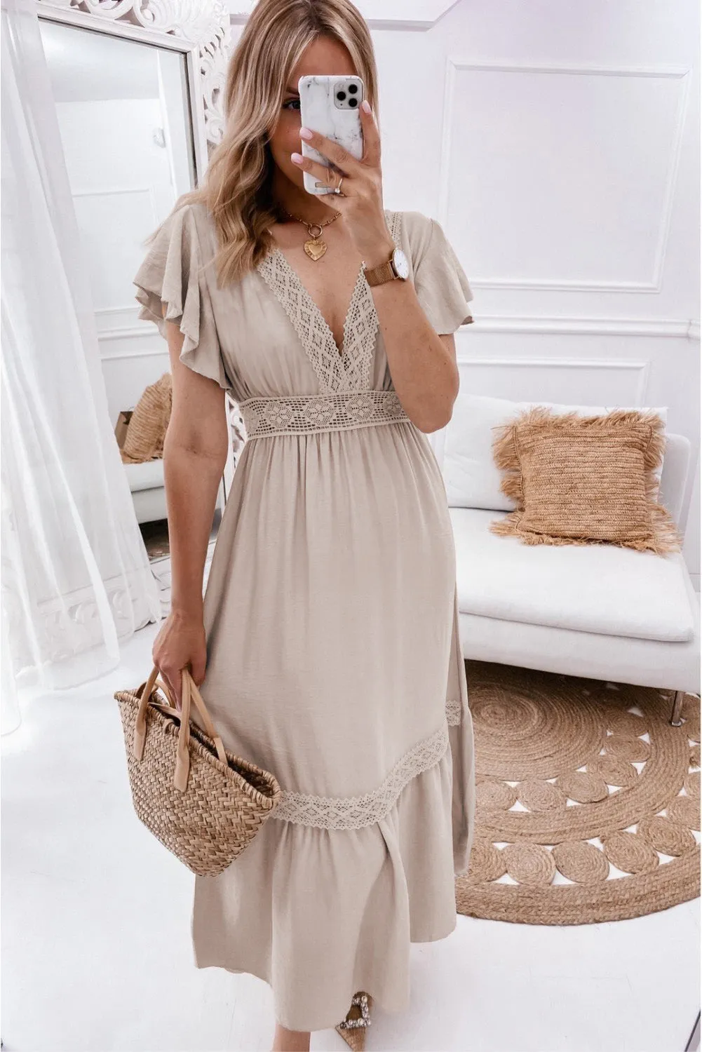KaleaBoutique Lace V Neck Ruffled Sleeve Empire Waist Dress