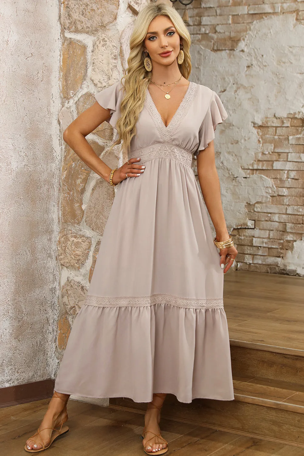 KaleaBoutique Lace V Neck Ruffled Sleeve Empire Waist Dress