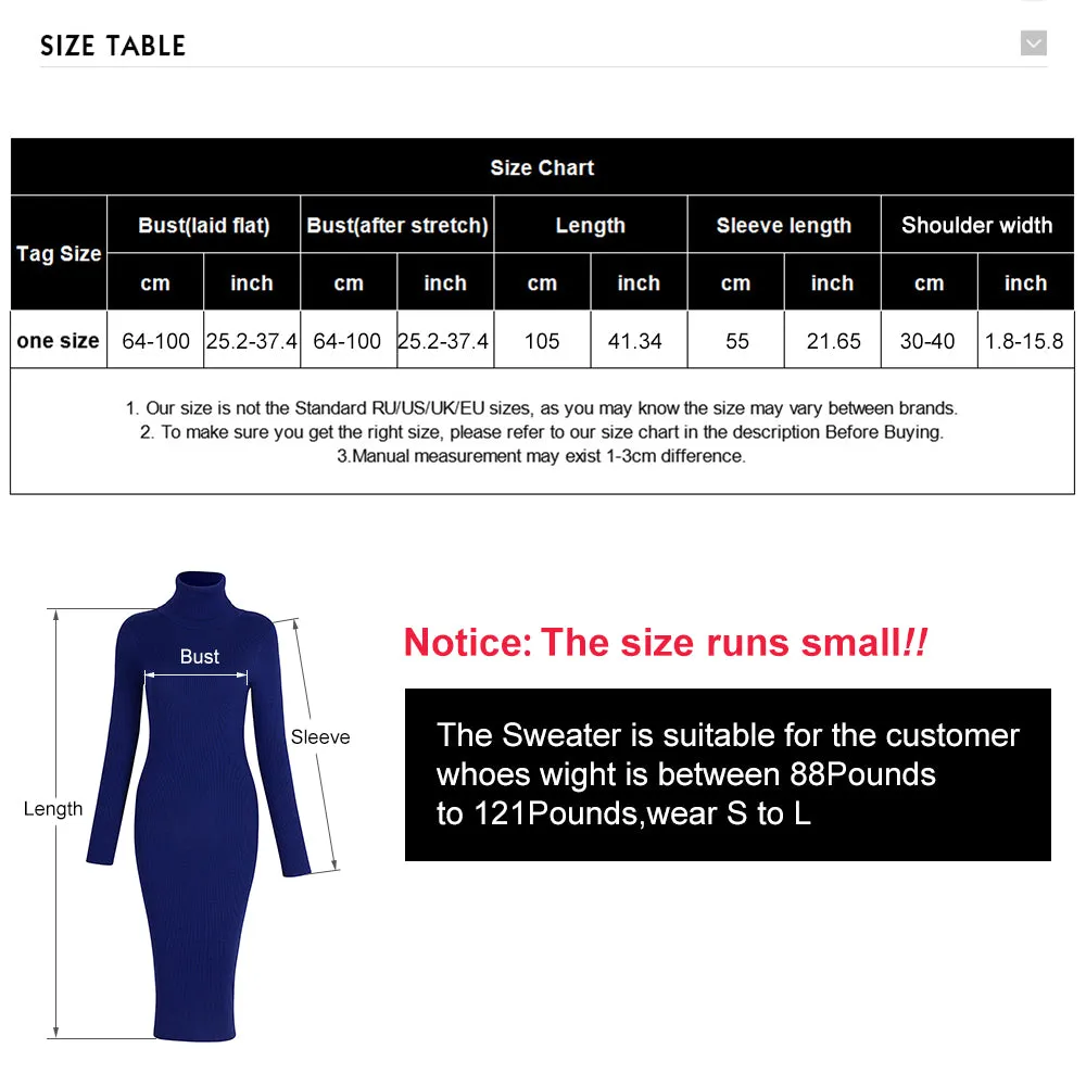 Karen Reilly Knitted Slim Elastic Turtleneck Long Sleeve Sweater Dresses