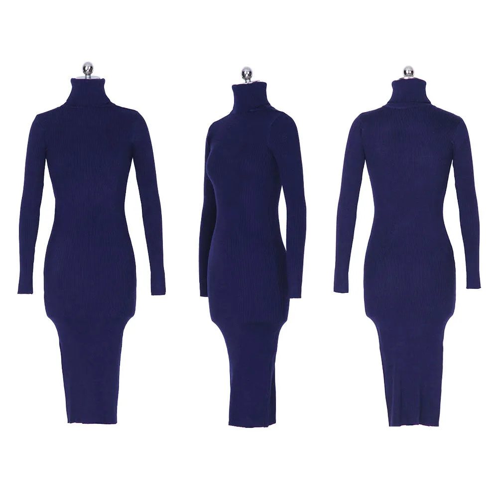 Karen Reilly Knitted Slim Elastic Turtleneck Long Sleeve Sweater Dresses