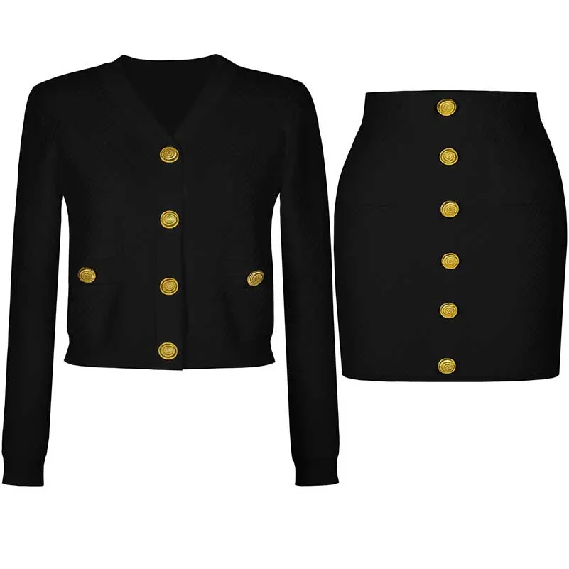 Knit Crop Top Skirt Suit Button-Up Cardigan Jacket   Mini Skirt Set