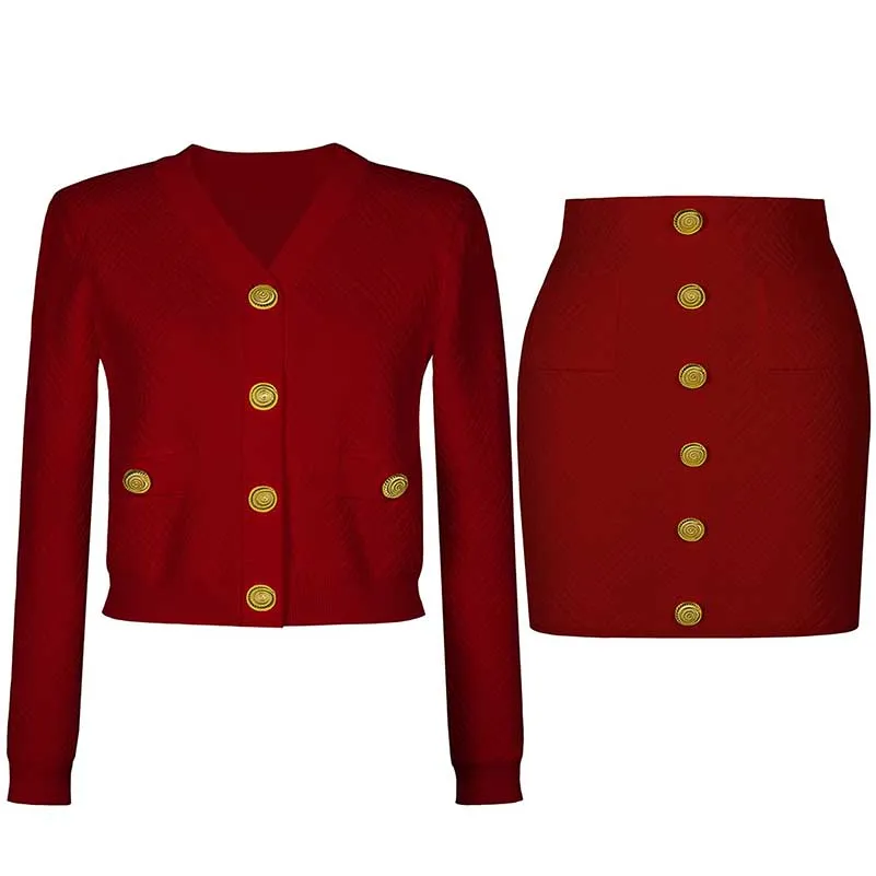 Knit Crop Top Skirt Suit Button-Up Cardigan Jacket   Mini Skirt Set