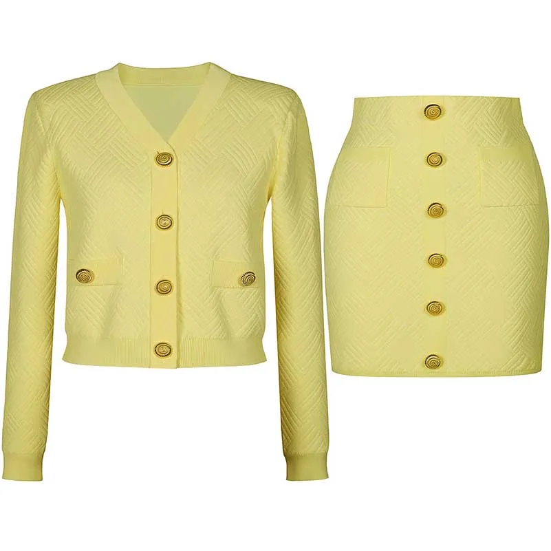 Knit Crop Top Skirt Suit Button-Up Cardigan Jacket   Mini Skirt Set
