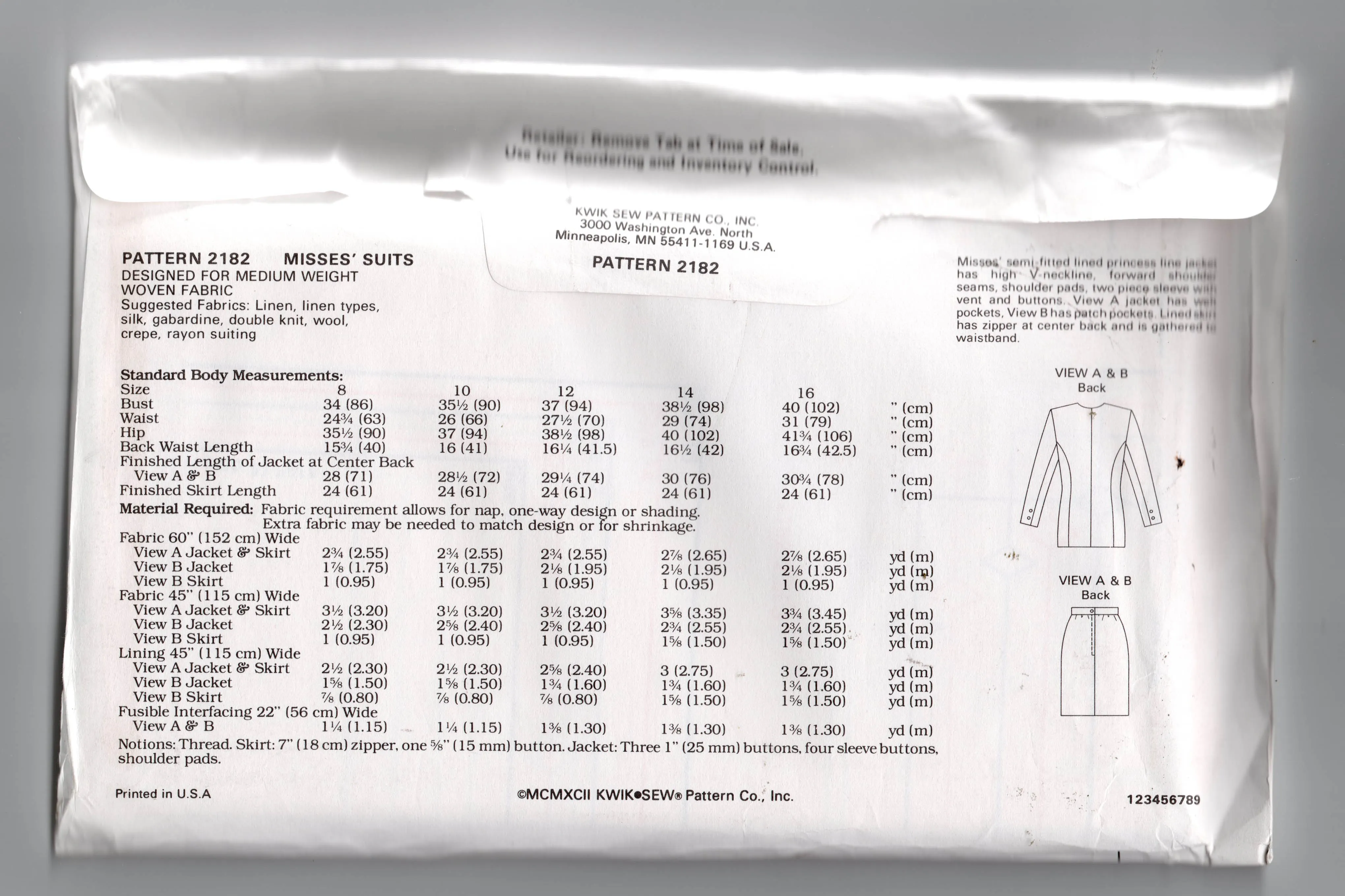 Kwik Sew 2182 Womens Skirt Suits 1990s Vintage Sewing Pattern Bust 34 - 40 Inches UNCUT Factory Folded