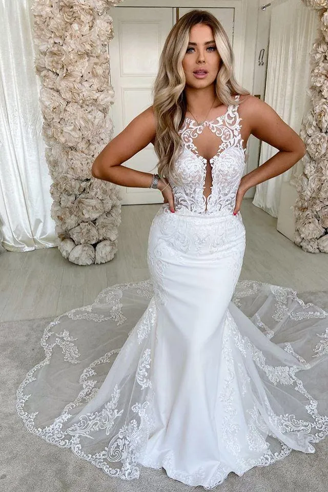 Lace Straps Mermaid Wedding Dresses Bandage Appliques Bridal Gowns