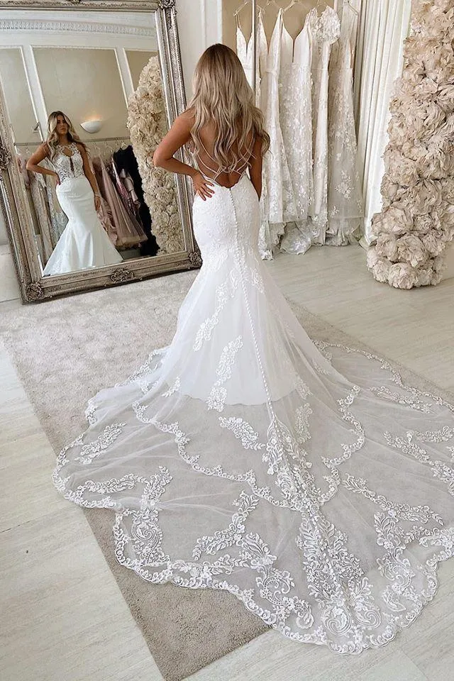 Lace Straps Mermaid Wedding Dresses Bandage Appliques Bridal Gowns
