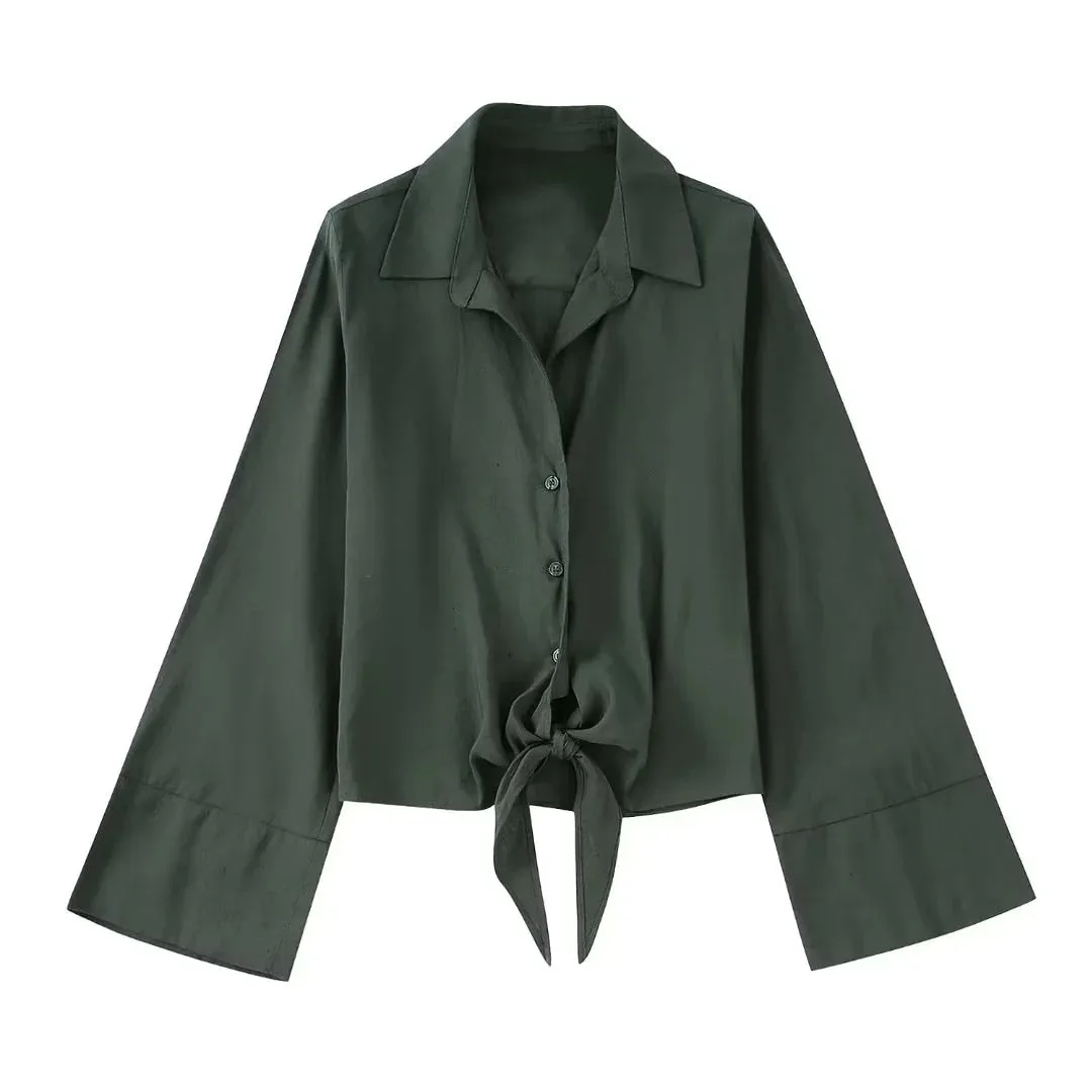 Ladies Long Sleeve Bow Shirts Tops Side Split Pleated Skirts Sets