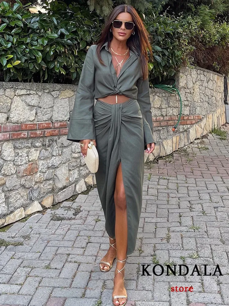 Ladies Long Sleeve Bow Shirts Tops Side Split Pleated Skirts Sets