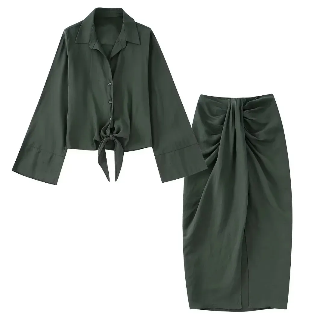 Ladies Long Sleeve Bow Shirts Tops Side Split Pleated Skirts Sets