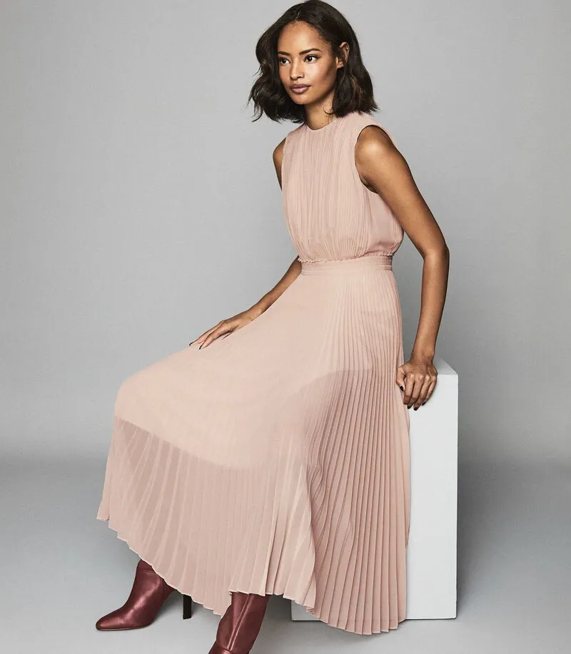 Lady Exquisite Pleated Sleeveless Vest High Waist Mid Dress
