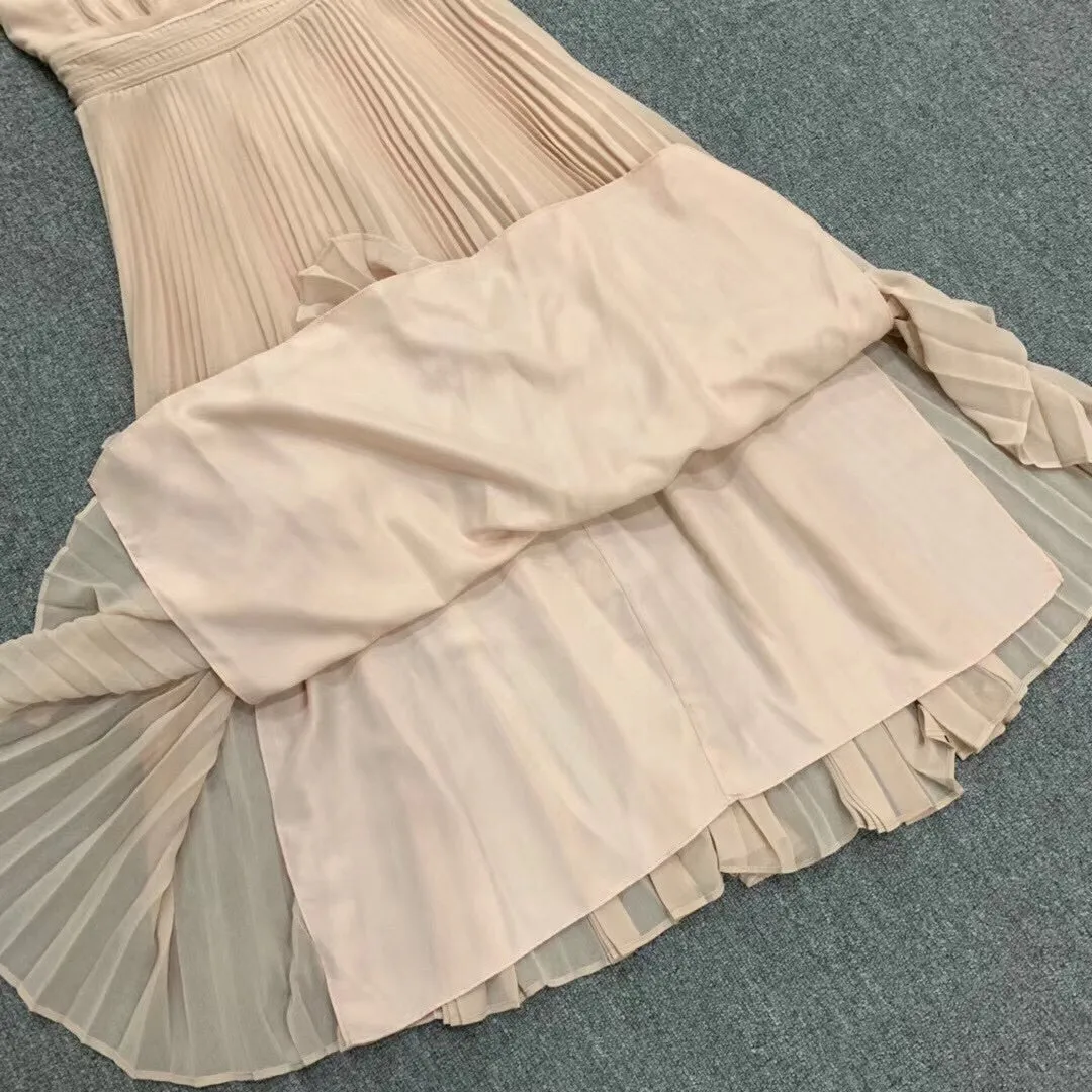 Lady Exquisite Pleated Sleeveless Vest High Waist Mid Dress
