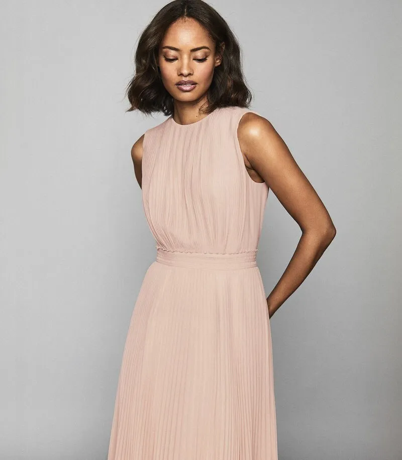 Lady Exquisite Pleated Sleeveless Vest High Waist Mid Dress