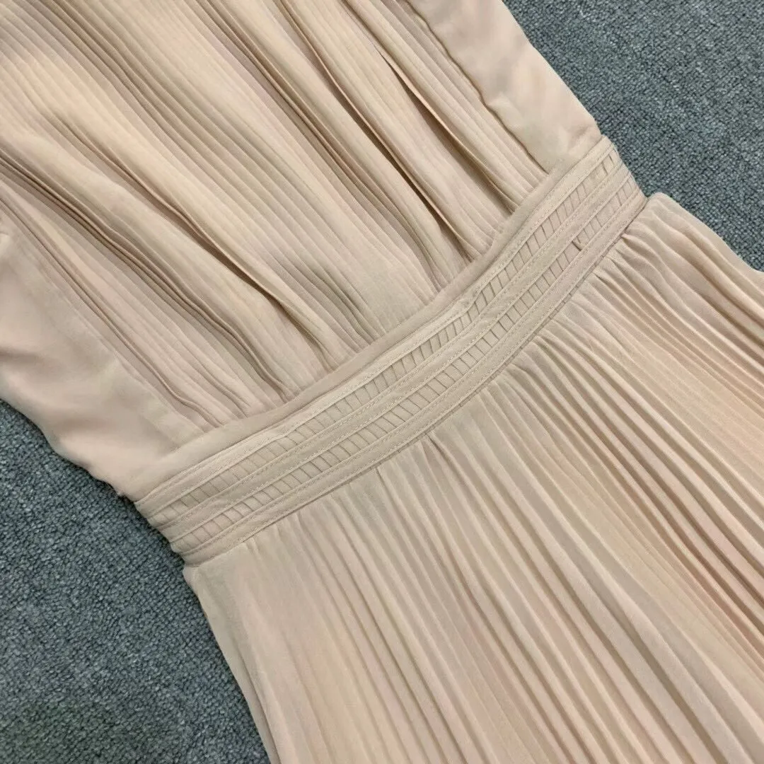 Lady Exquisite Pleated Sleeveless Vest High Waist Mid Dress
