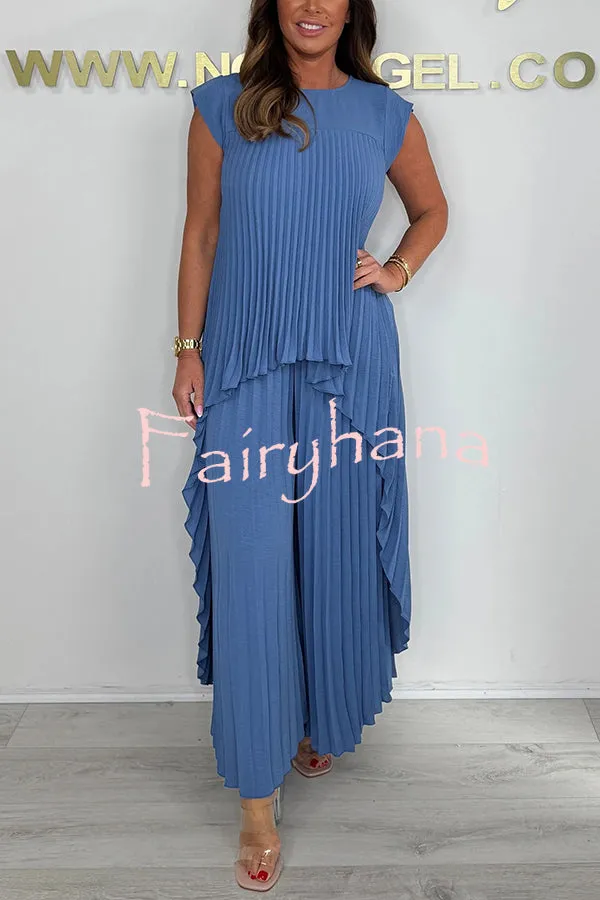 Laney Pleated Short Sleeve Irregular Midi Top and Elastic Waist Wide Leg Pants Set