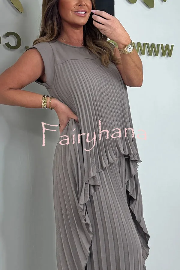 Laney Pleated Short Sleeve Irregular Midi Top and Elastic Waist Wide Leg Pants Set