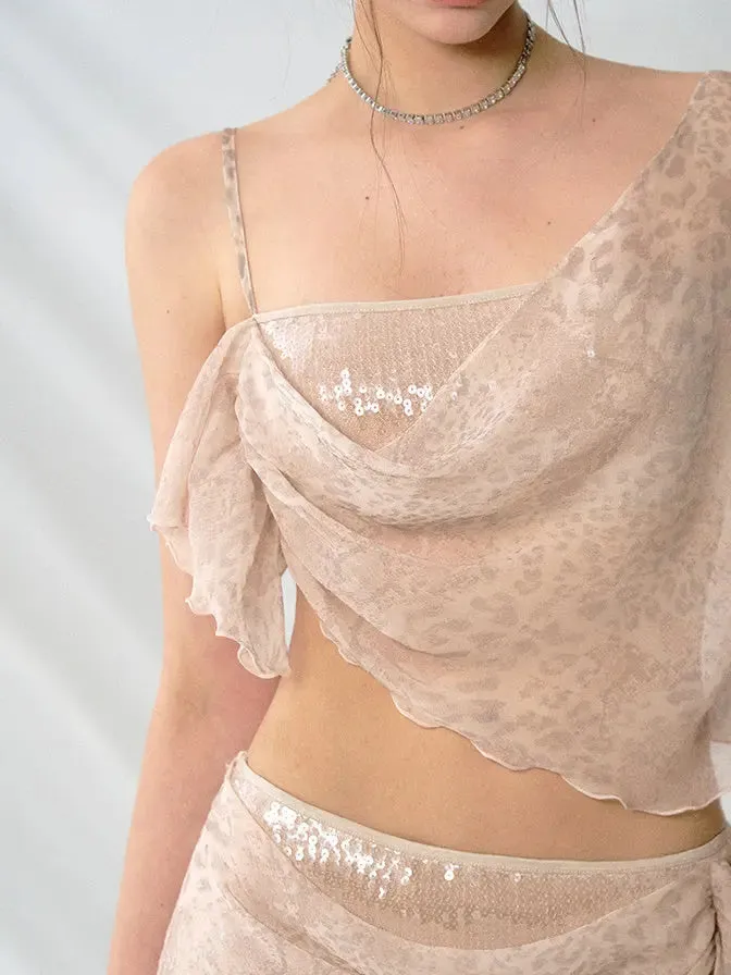 Leopard Print Chiffon Camisole Skirt Set - Sequined Irregular Outfit
