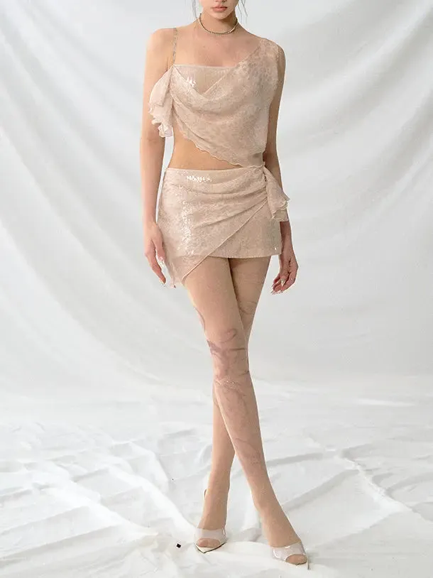 Leopard Print Chiffon Camisole Skirt Set - Sequined Irregular Outfit