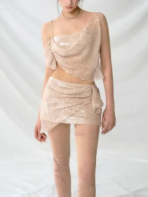 Leopard Print Chiffon Camisole Skirt Set - Sequined Irregular Outfit