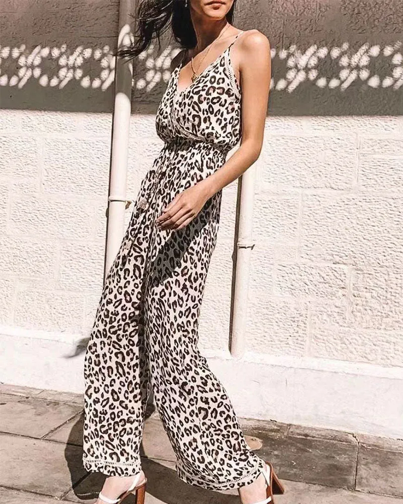 Leopard Print Suspenders Jumpsuit Lace-up Rompers Wide Leg Pants