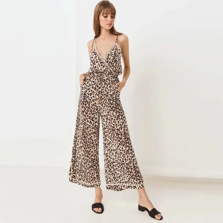 Leopard Print Suspenders Jumpsuit Lace-up Rompers Wide Leg Pants