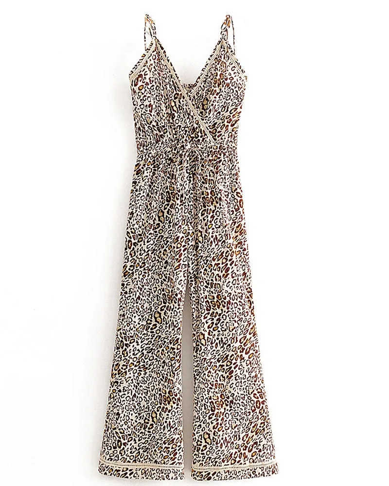 Leopard Print Suspenders Jumpsuit Lace-up Rompers Wide Leg Pants