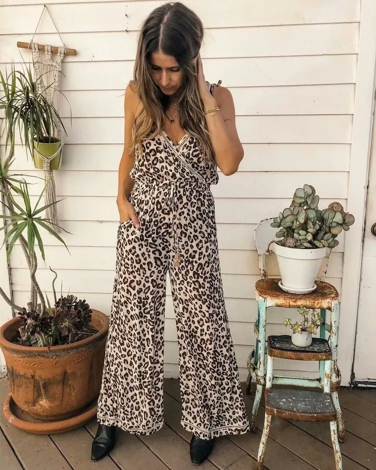 Leopard Print Suspenders Jumpsuit Lace-up Rompers Wide Leg Pants
