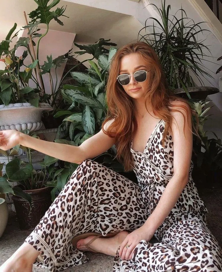 Leopard Print Suspenders Jumpsuit Lace-up Rompers Wide Leg Pants