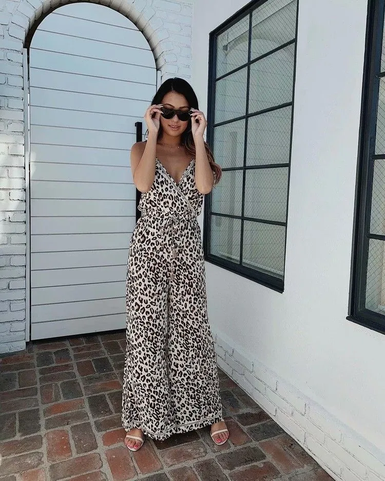 Leopard Print Suspenders Jumpsuit Lace-up Rompers Wide Leg Pants