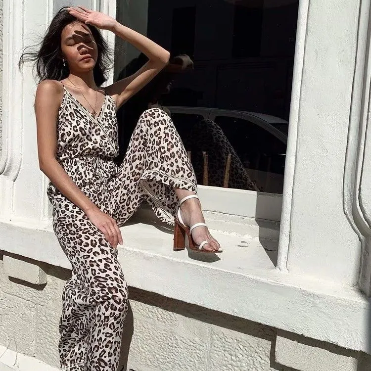 Leopard Print Suspenders Jumpsuit Lace-up Rompers Wide Leg Pants