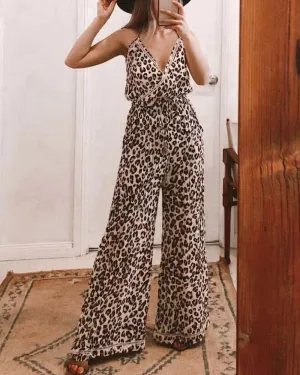 Leopard Print Suspenders Jumpsuit Lace-up Rompers Wide Leg Pants