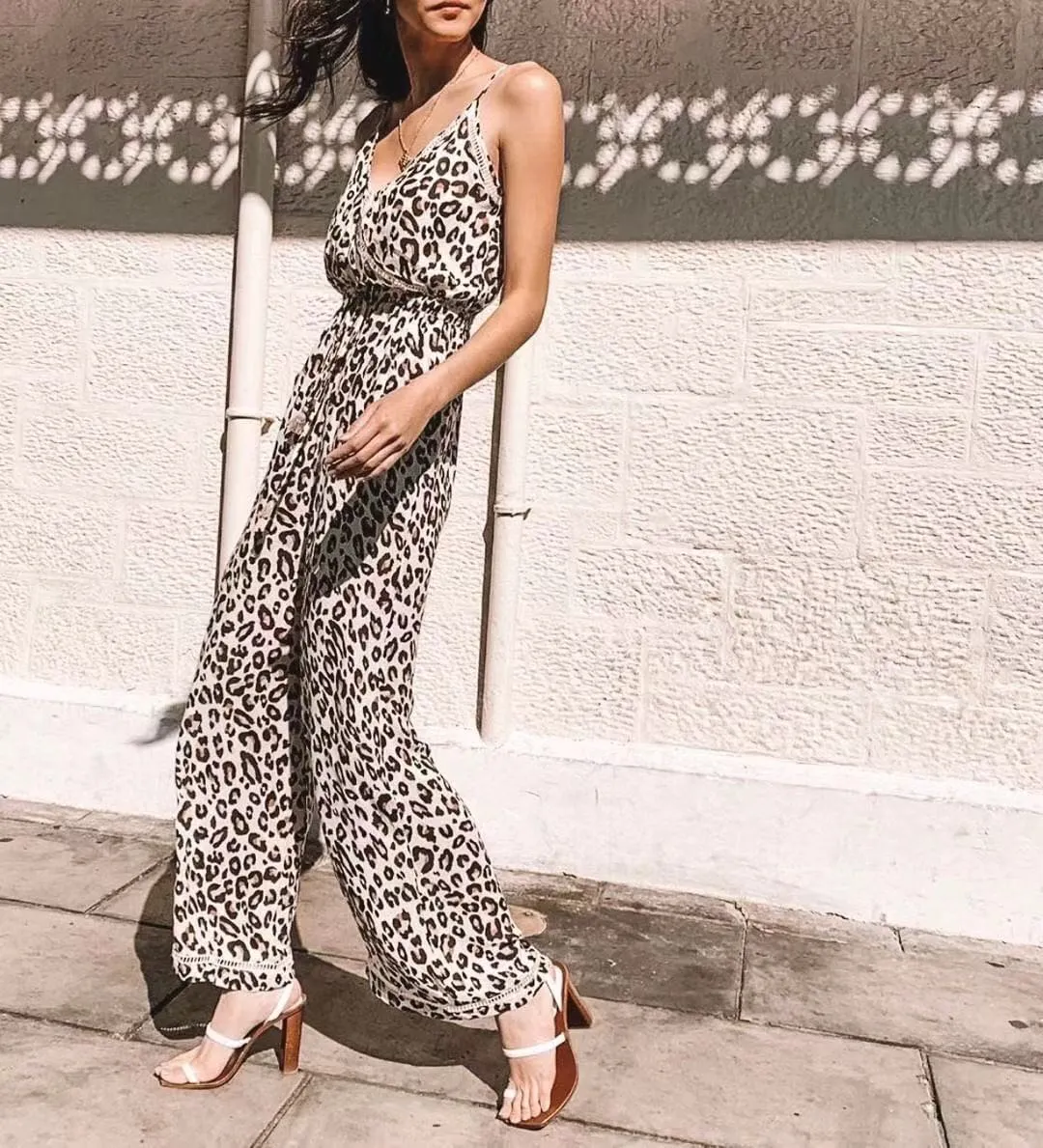 Leopard Print Suspenders Jumpsuit Lace-up Rompers Wide Leg Pants
