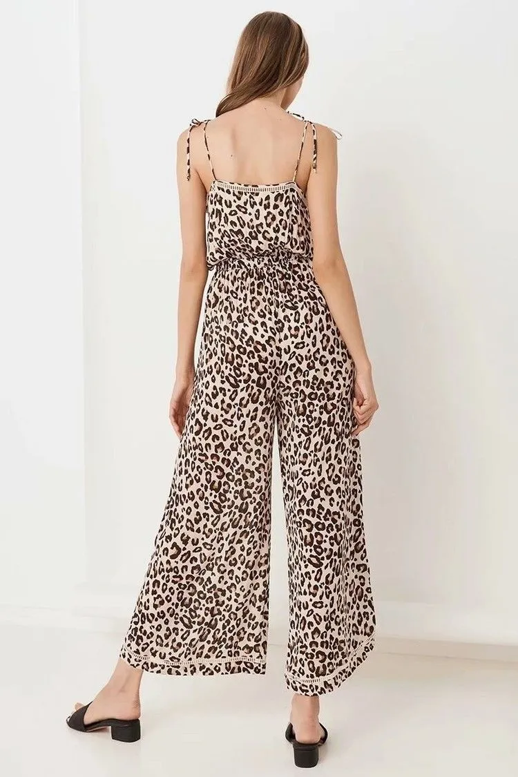 Leopard Print Suspenders Jumpsuit Lace-up Rompers Wide Leg Pants