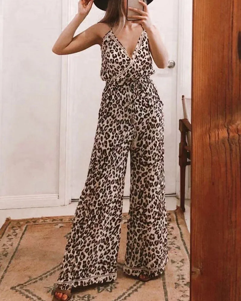 Leopard Print Suspenders Jumpsuit Lace-up Rompers Wide Leg Pants