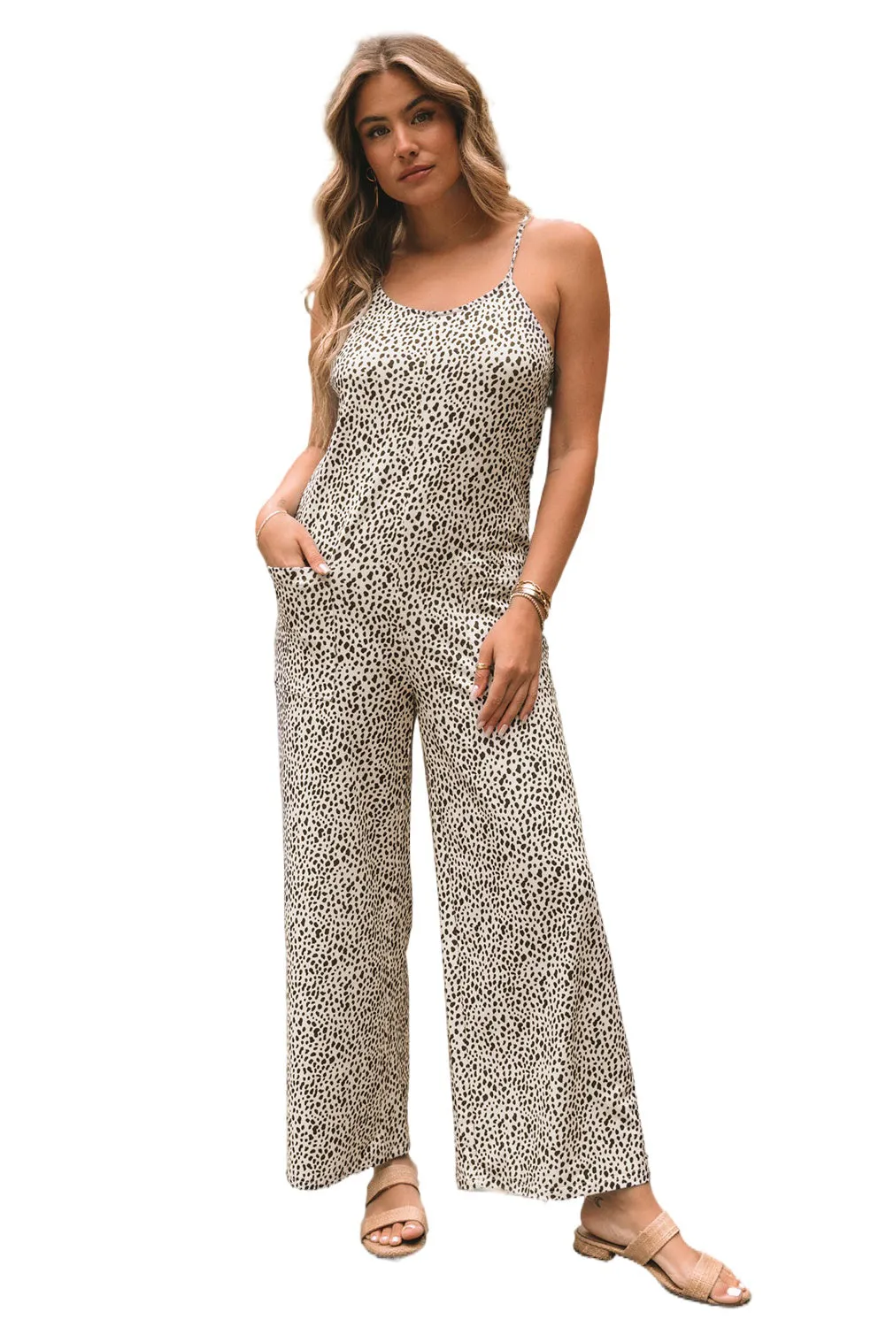 Leopard Print Wide Leg Spaghetti Straps Jumpsuit