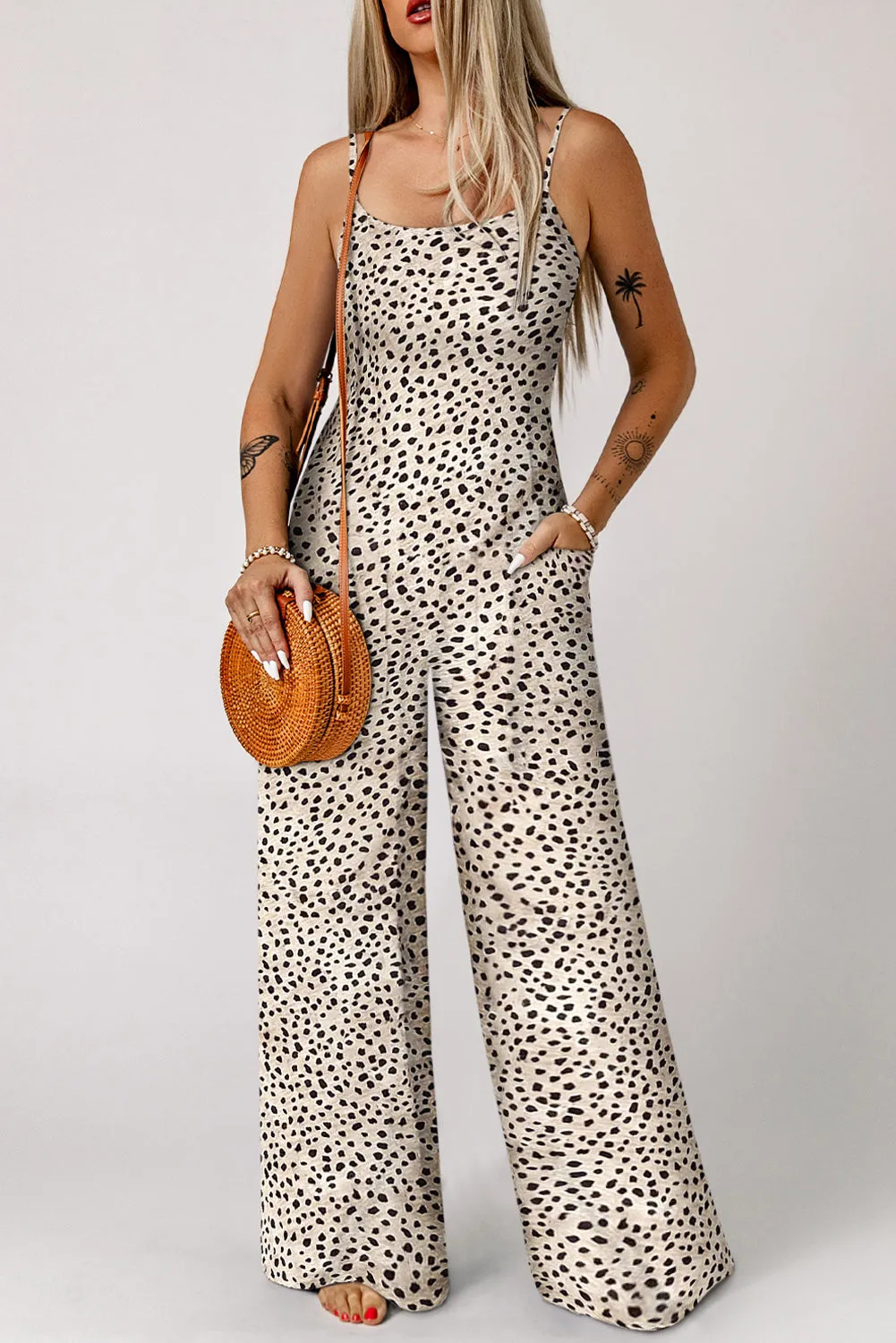 Leopard Print Wide Leg Spaghetti Straps Jumpsuit
