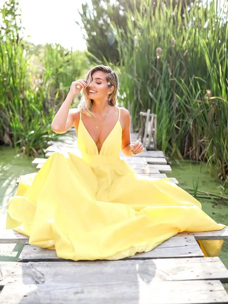 Light Pastel Yellow Sexy Spaghetti Straps V-neck Long Empire Prom Dresses, PD0951